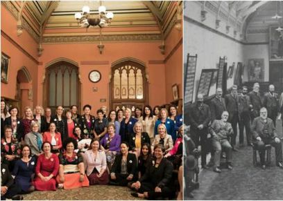 عضوات في البرلمان النيوزيلاندي يحتفلن بذكري فوز المرأة بحق التصويت بإعادة إحياء صورة قديمة
