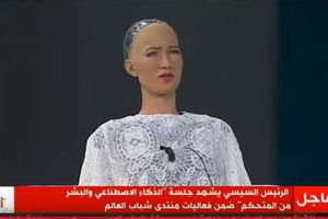 الروبوت صوفيا خلال جسلة نقاشية في منتدى شباب العالم