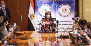 وزيرة الهجرة خلال مؤتمر متابعة تصويت المصريين بالخارج في "الشيوخ" أمس