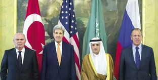 وزراء خارجية أمريكا وروسيا والسعودية وتركيا خلال لقائهم أمس «أ. ف. ب»