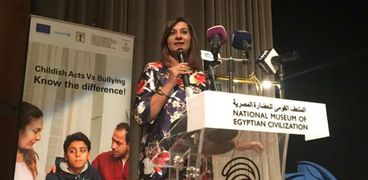 السفيرة نبيلة مكرم وزيرة الهجرة وشئون المصريين في الخارج في المؤتمر الصحفي