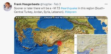 الباحث الهولندي أرفق تغريدته قبل 3 أيام بخريطة توضيحية لمركز الزلزال