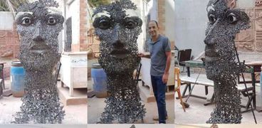 الدكتور محمود صالح أمام عمله الفني «وجه من حديد»