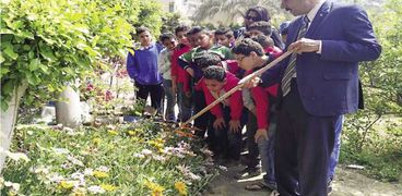 جانب من حصة الزراعة لطلاب مدرسة الإمام الشافعى