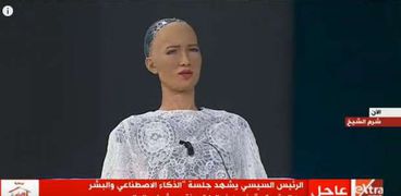 الروبوت صوفيا خلال جسلة نقاشية في منتدى شباب العالم